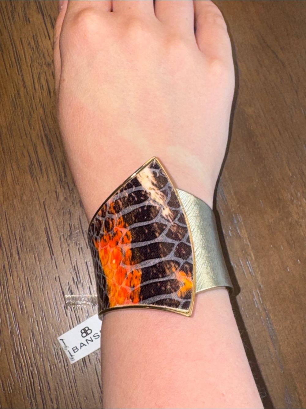 Gold Cuff Bracelet with Orange Snake-Print Shield